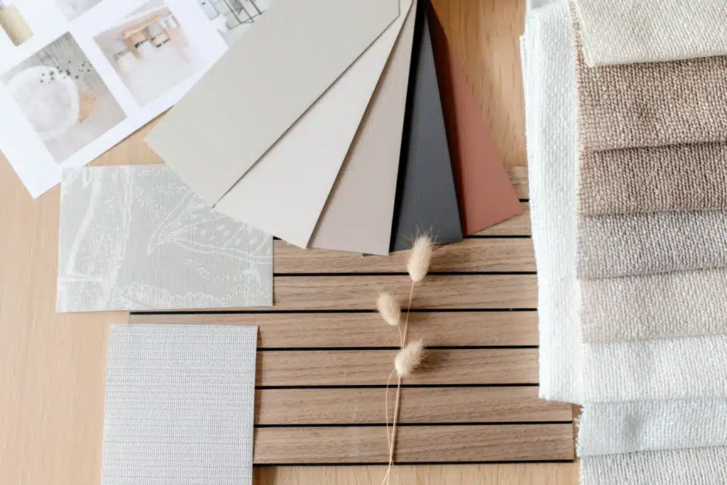 Interior design samples with fabrics, paint swatches, wood